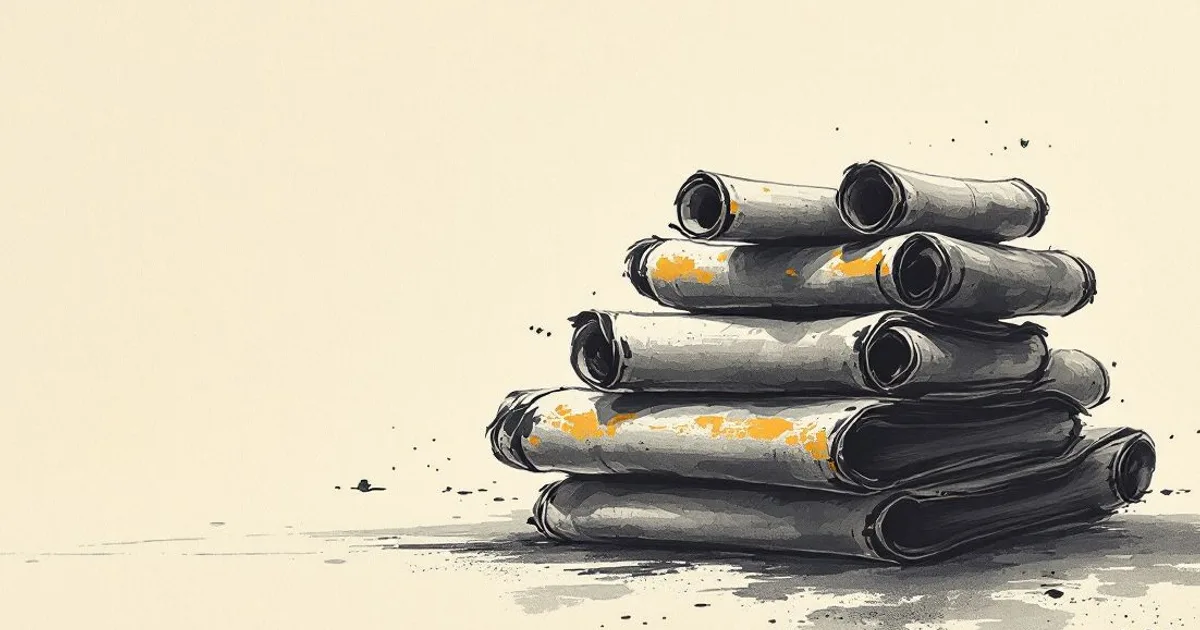Sumi-e ink-wash illustration: a stack of sutra scrolls catching soft light.