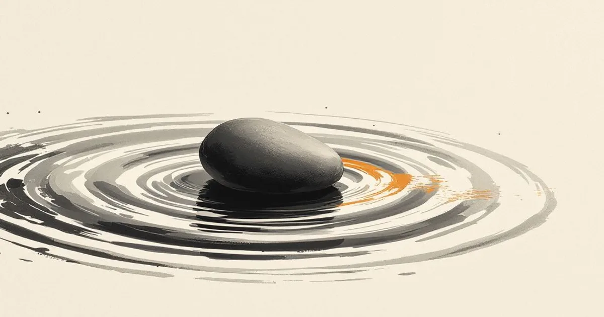 Sumi-e ink-wash illustration: one pebble and the ripples it leaves.