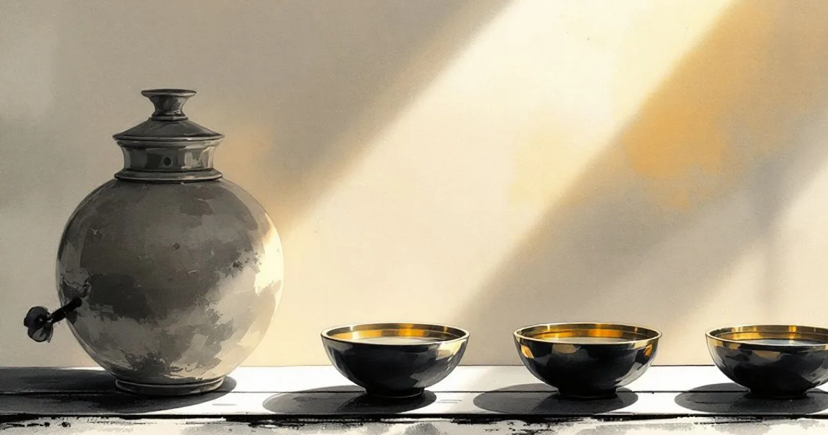 Sumi-e ink-wash illustration: a neat row of small brass water bowls on an altar catching soft morning light.