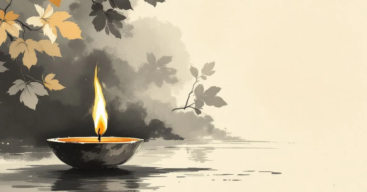 Sumi-e ink-wash illustration: a single oil lamp burning quietly.