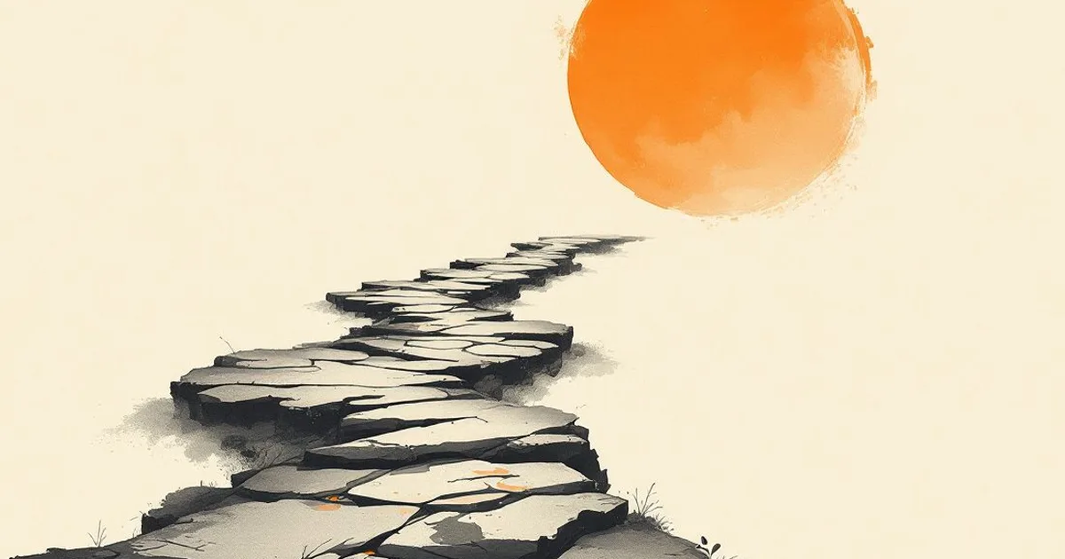 Sumi-e ink-wash illustration: an ancient pilgrim path worn into stone.