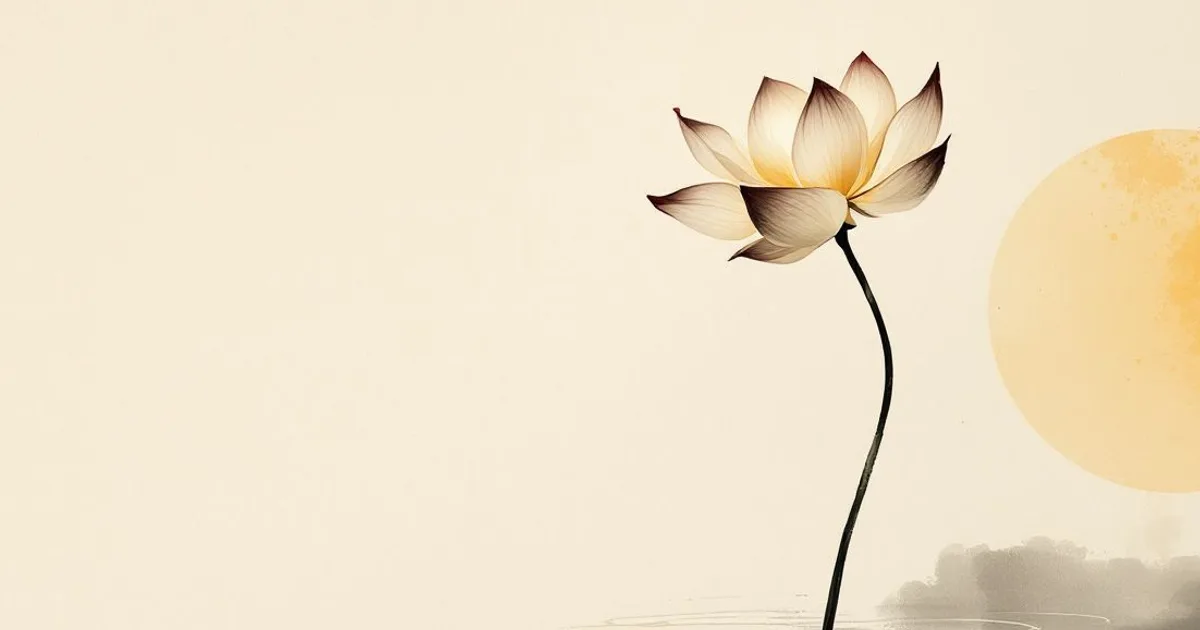 Sumi-e ink-wash illustration: a lotus in bloom with one petal reaching gently down to the water.