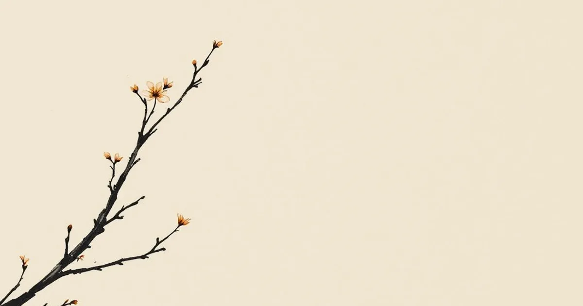 Sumi-e ink-wash illustration: a sprig of blossom in the spare wabi-sabi spirit.