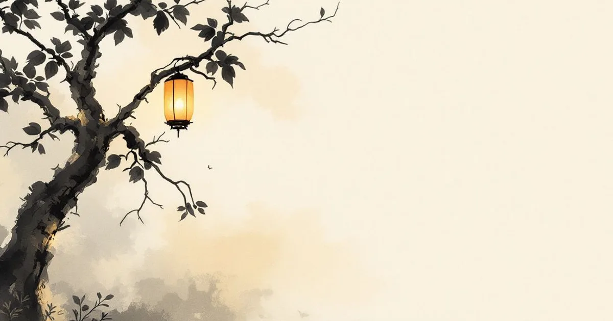 Sumi-e ink-wash illustration: a lit paper lantern marking the way.