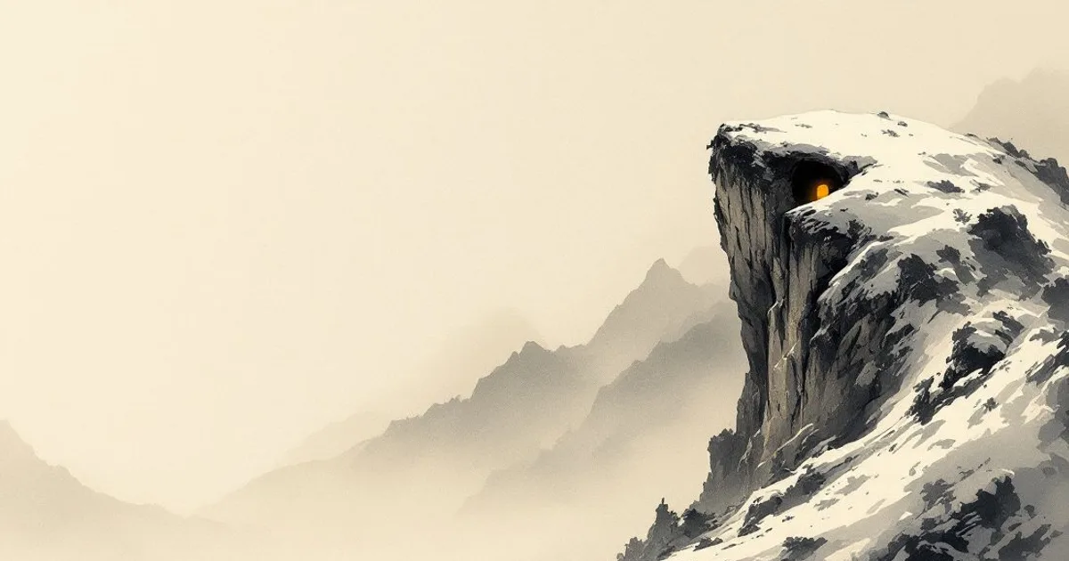 Sumi-e ink-wash illustration: a small cave mouth in a snow-covered Himalayan peak, a faint warm light within.