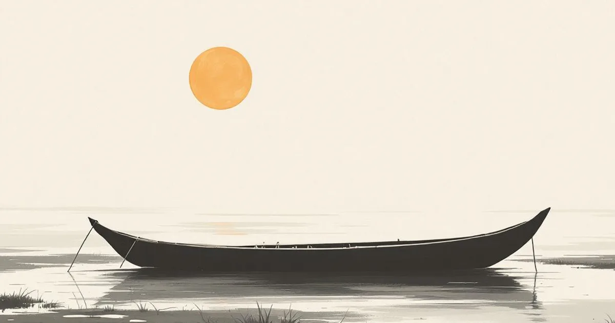 Sumi-e ink-wash illustration: a simple raft drawn up on a far riverbank, calm water beyond.