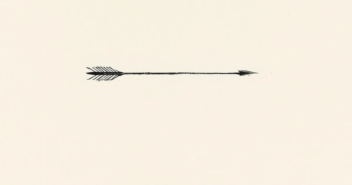 Sumi-e ink-wash illustration: a single arrow lying at rest on still ground at dusk.
