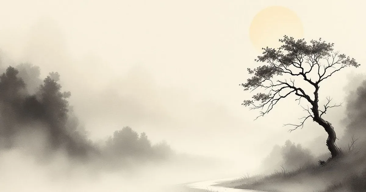 Sumi-e ink-wash illustration: a quiet path winding into soft mist.