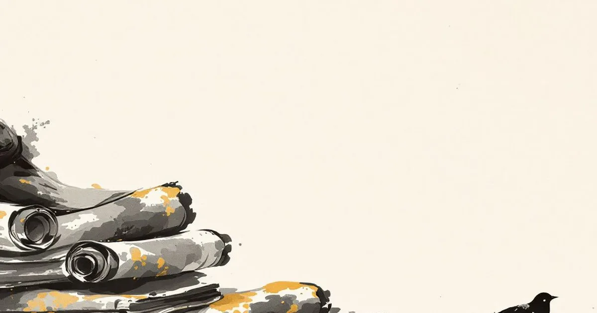 Sumi-e ink-wash illustration: a stack of sutra scrolls catching soft light.