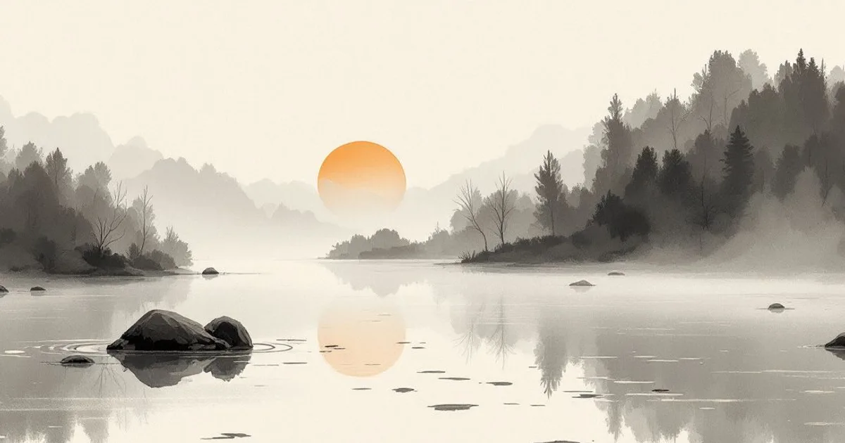 Sumi-e ink-wash illustration: a still pond at first light.