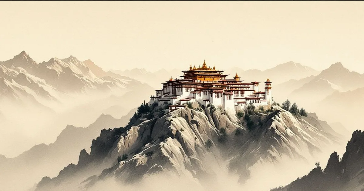 Sumi-e ink-wash illustration: a grand Tibetan monastery with golden roofs perched on a high mountain peak amid misty ranges.