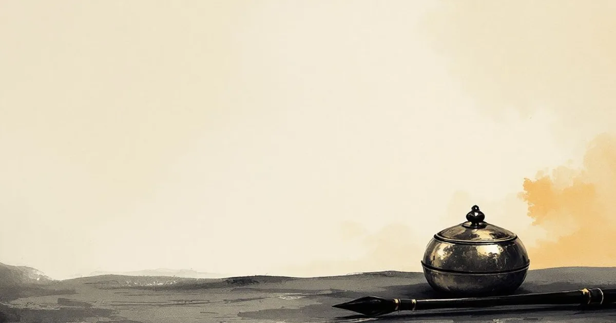 Sumi-e ink-wash illustration: a ritual bell and a small vajra scepter resting side by side on a dark surface in soft light.