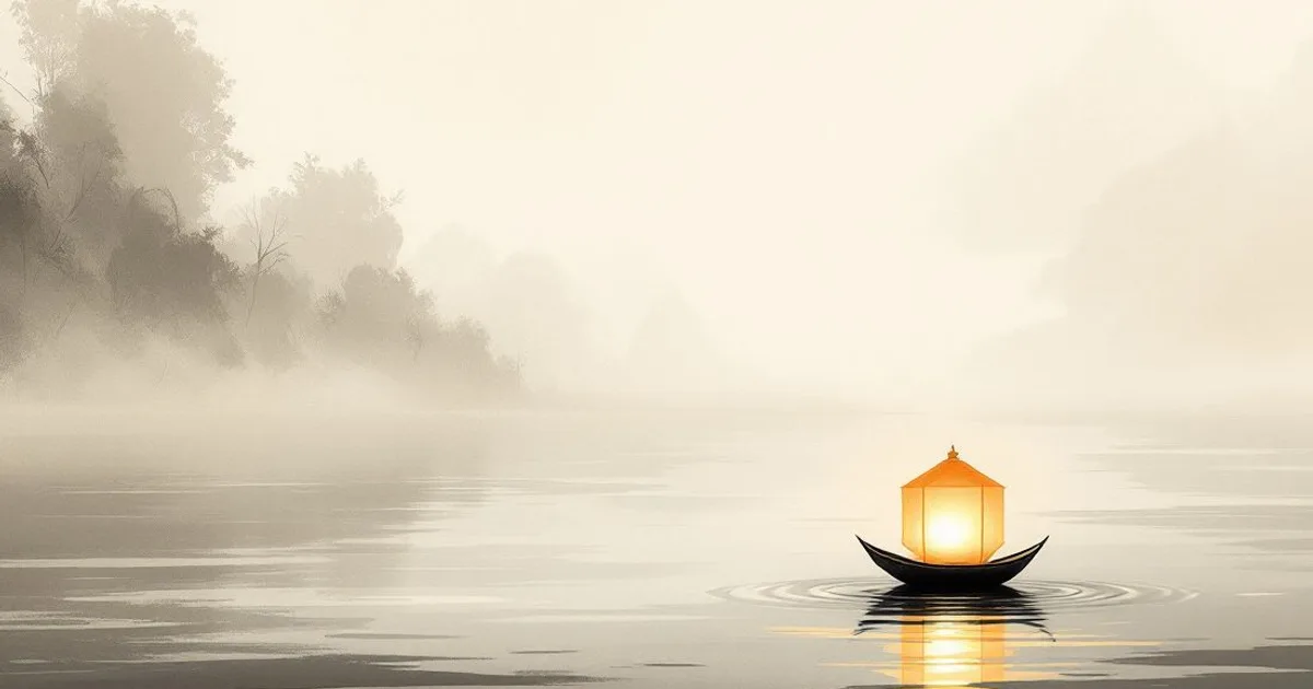 Sumi-e ink-wash illustration: a single lantern floating on dark calm water.