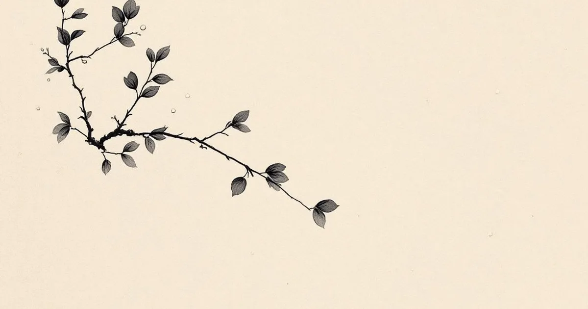 Sumi-e ink-wash illustration: a single dew-laden leaf.