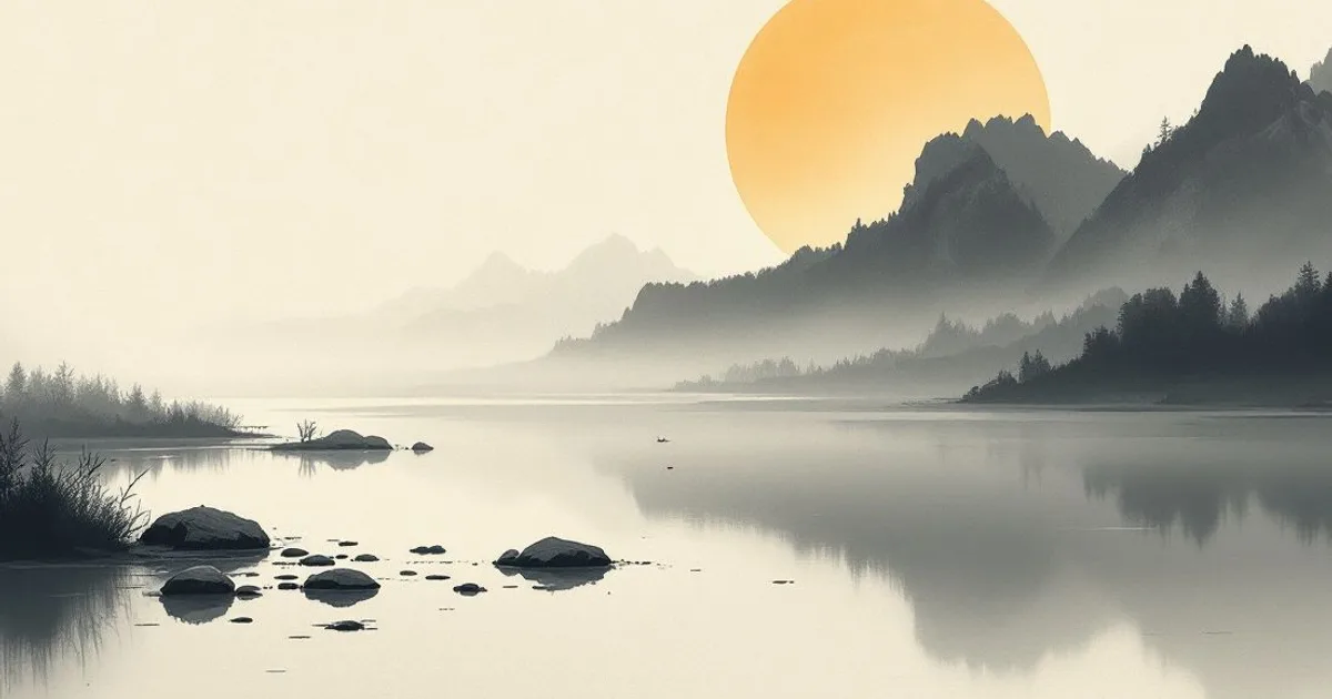 Sumi-e ink-wash illustration: a still pond at dawn.