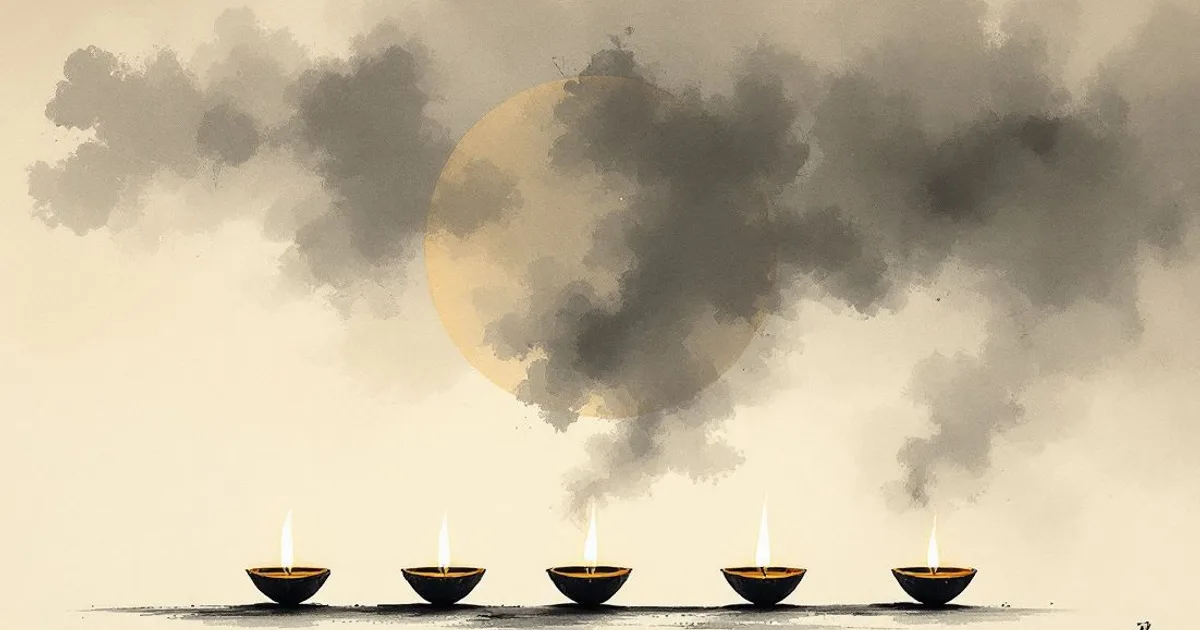 Sumi-e ink-wash illustration: a row of five small oil lamps glowing together beneath a soft moon and drifting mist.