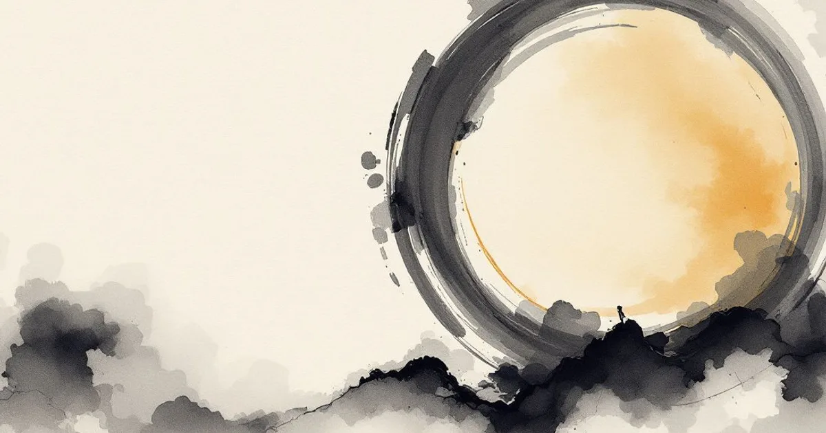 Sumi-e ink-wash illustration: a great brushed ink circle turning slowly in soft mist.
