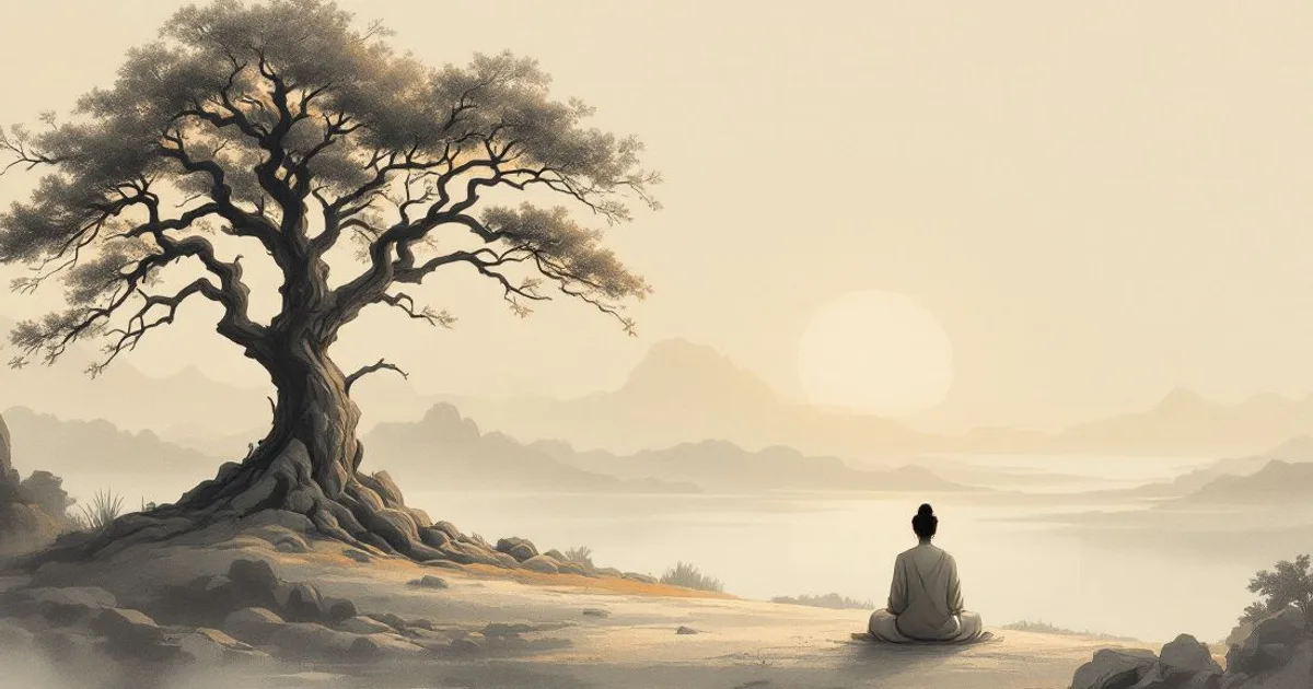 Sumi-e ink-wash illustration: an empty seat beneath a great bodhi tree at sunrise.