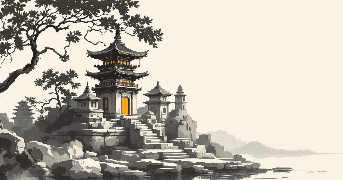 Sumi-e ink-wash illustration: a weathered stone stupa in silhouette.