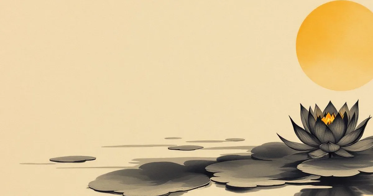 Sumi-e ink-wash illustration: several lotus blossoms opening together on still water in soft light.