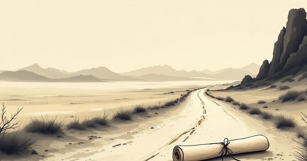 Sumi-e ink-wash illustration: a single rolled scroll resting on a long desert road winding toward distant mountains.