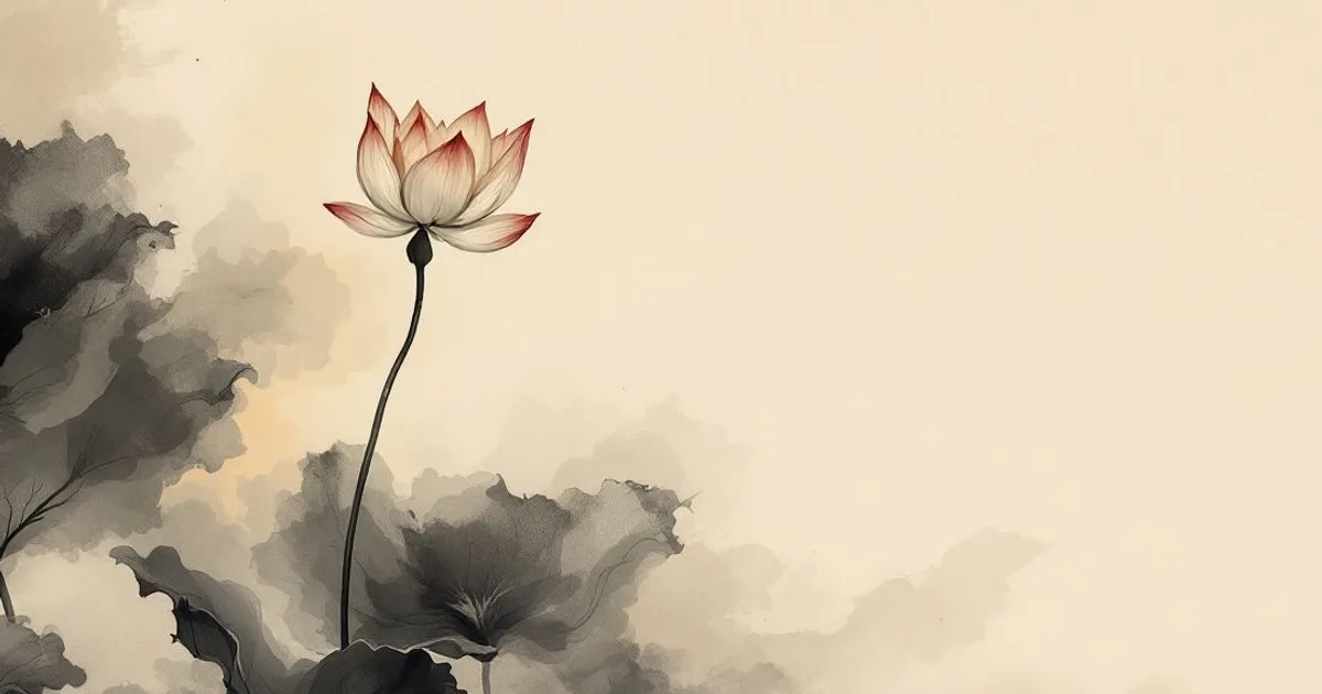 Sumi-e ink-wash illustration: a single lotus blooming amid drifting Himalayan mist and soft light.