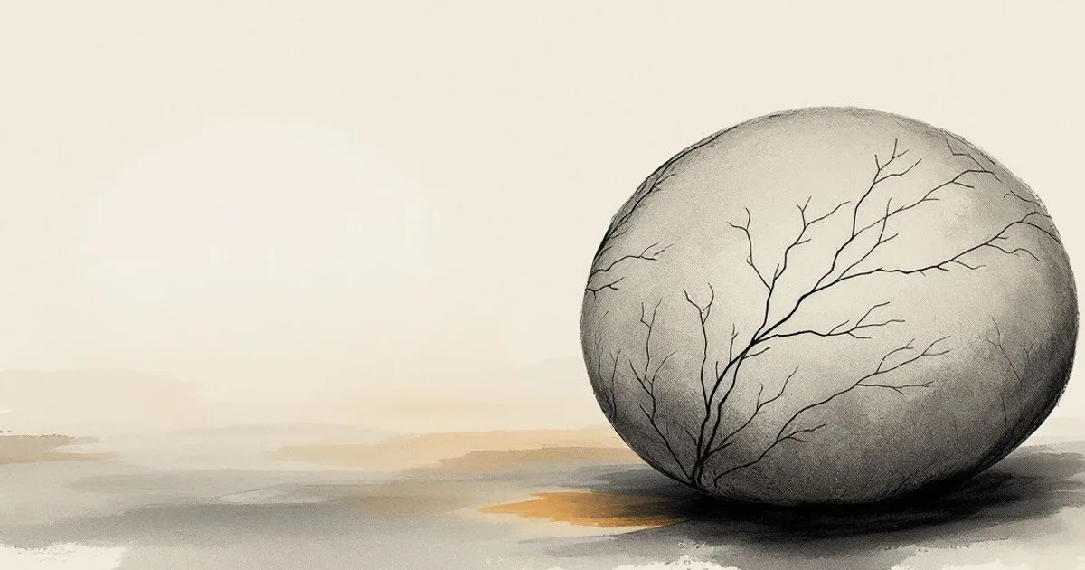 Sumi-e ink-wash illustration: a single smooth grey stone traced with fine dark branching veins, resting on pale ground.