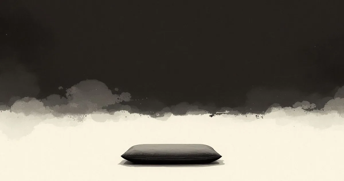 Sumi-e ink-wash illustration: an empty meditation cushion in a quiet, bare room.