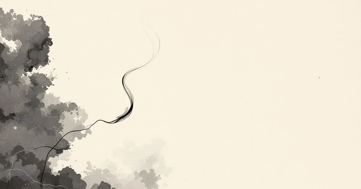 Sumi-e ink-wash illustration: a single thin thread of incense smoke rising in still air.