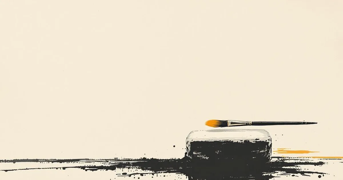 Sumi-e ink-wash illustration: a brush resting on a worn ink stone beside blank paper.