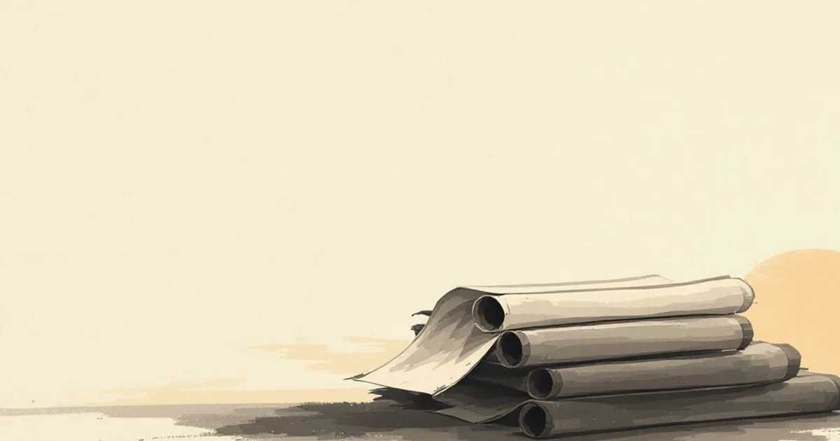 Sumi-e ink-wash illustration: a stack of old sutra scrolls catching low, warm light.