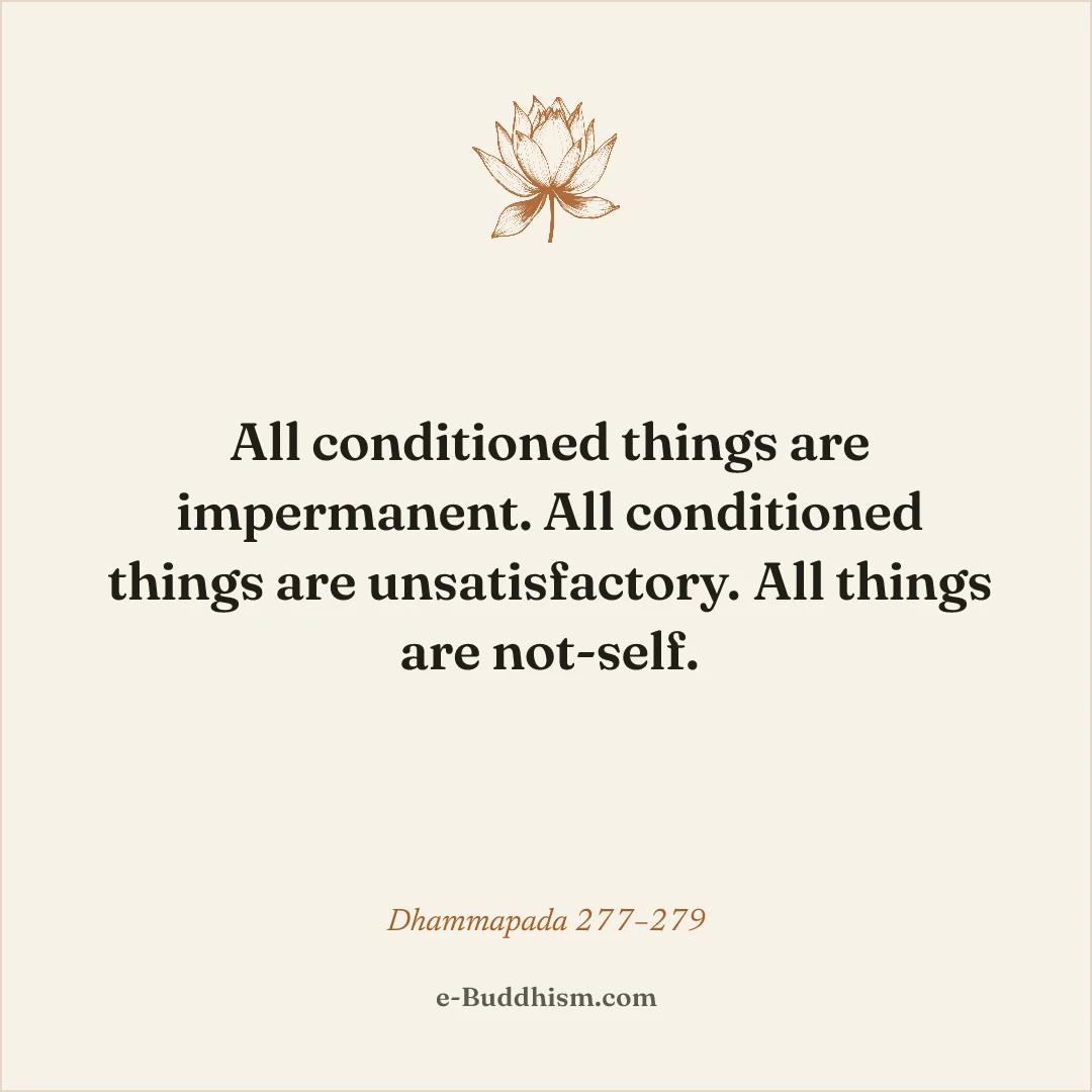 Shareable quote card: 'All conditioned things are impermanent. All conditioned things are unsatisfactory. All things are not-self.' — Dhammapada 277–279.