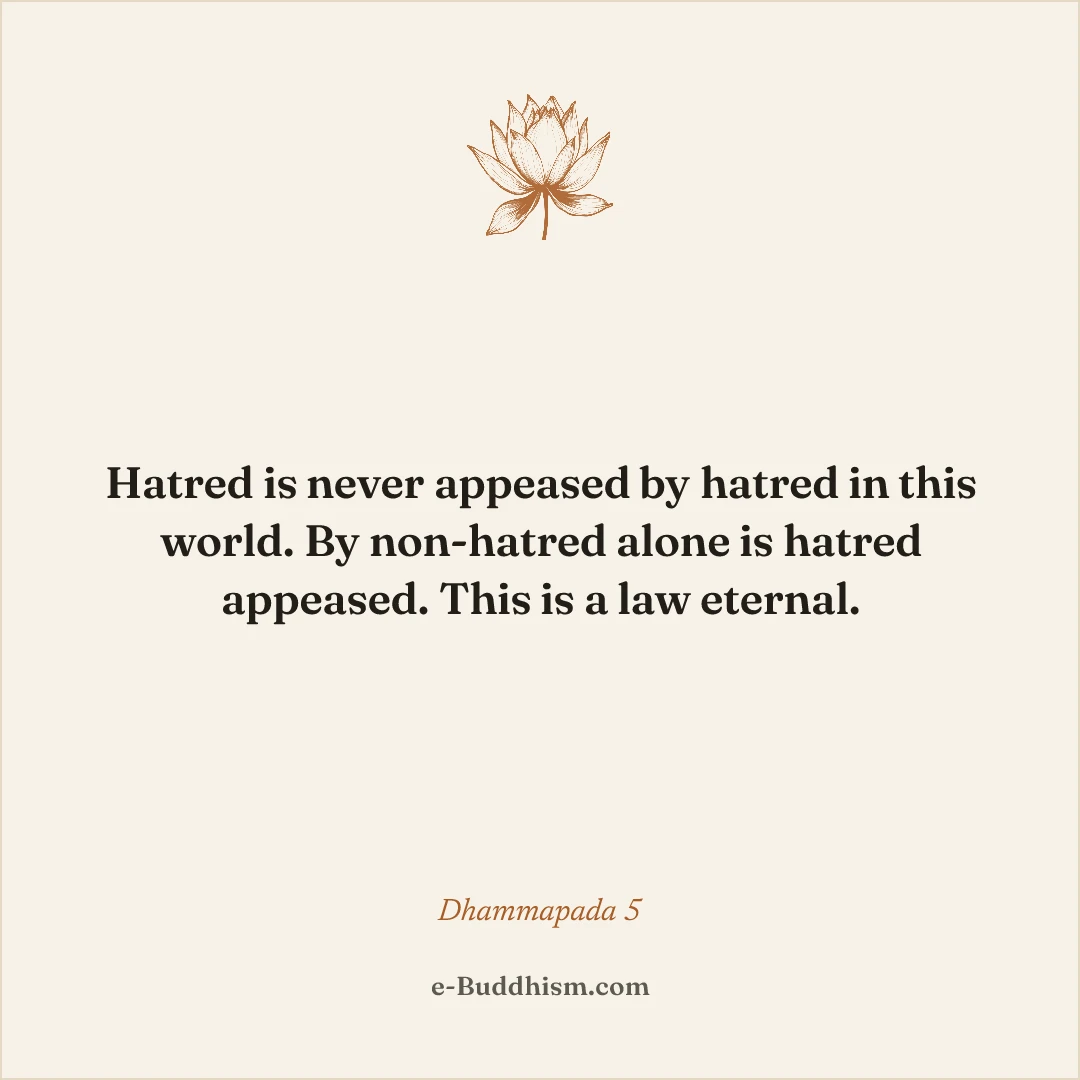 Shareable quote card: 'Hatred is never appeased by hatred in this world. By non-hatred alone is hatred appeased.' — Dhammapada 5.