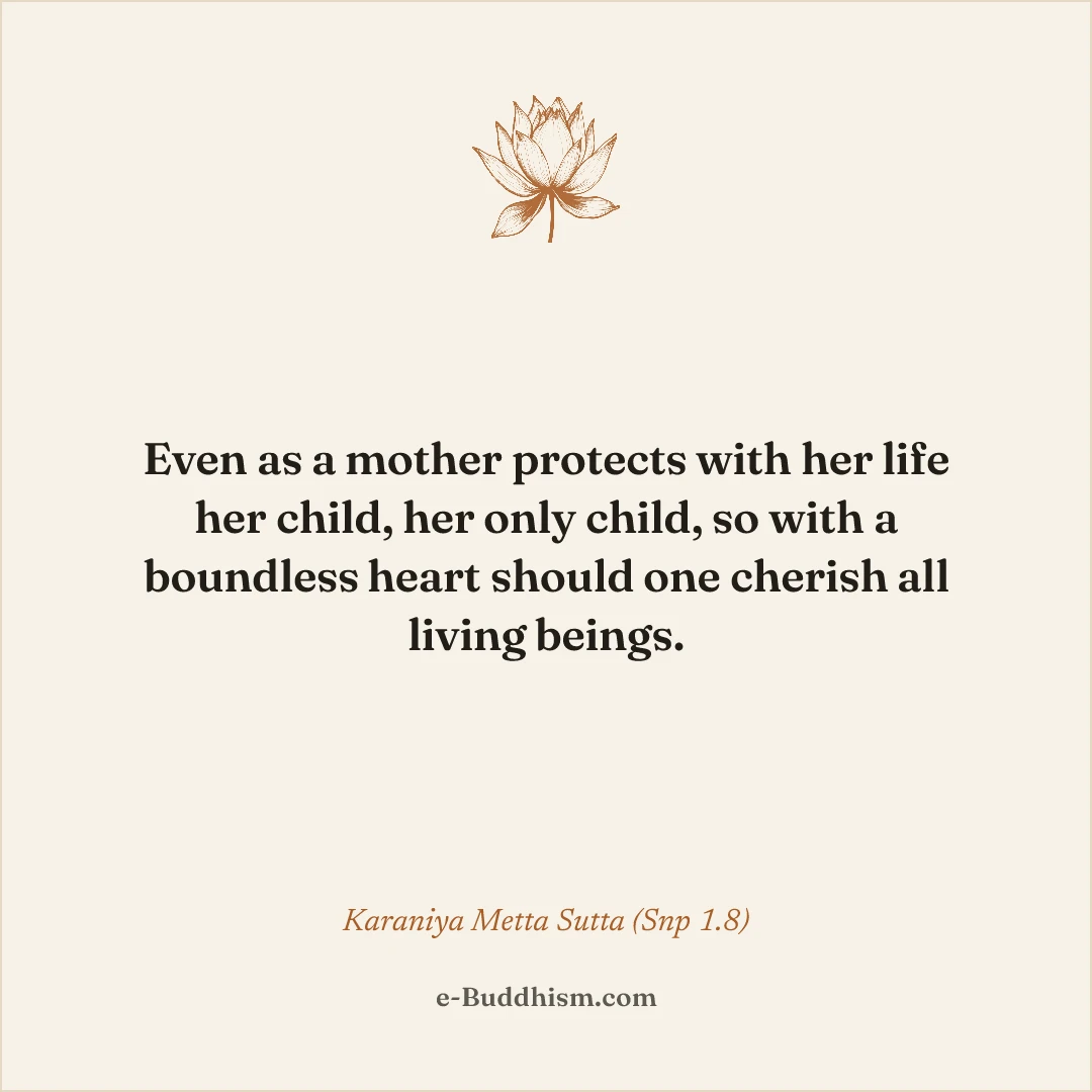 Shareable quote card: 'Even as a mother protects with her life her child, her only child, so with a boundless heart should one cherish all living beings.' — Mettā Sutta (Snp 1.8).