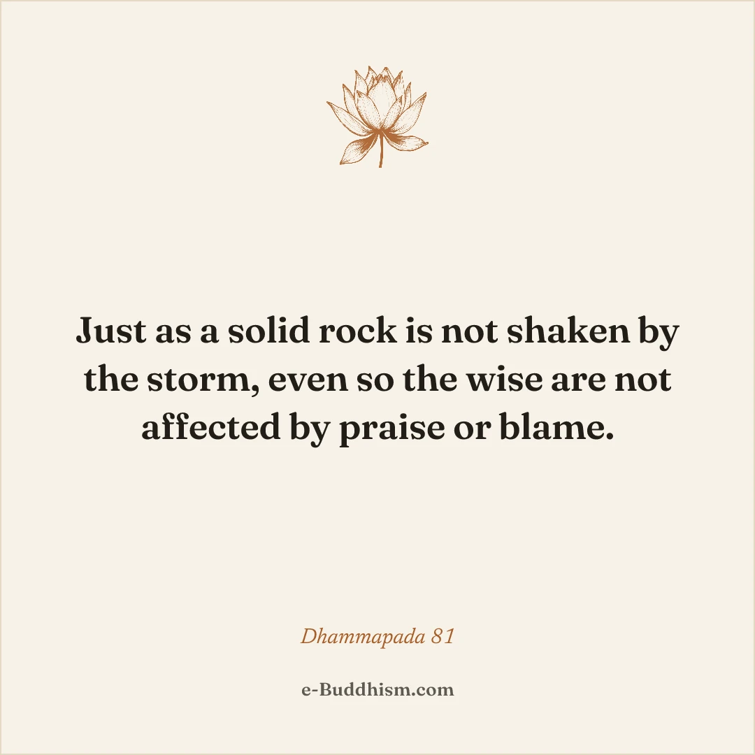 Shareable quote card: 'Just as a solid rock is not shaken by the storm, even so the wise are not affected by praise or blame.' — Dhammapada 81.